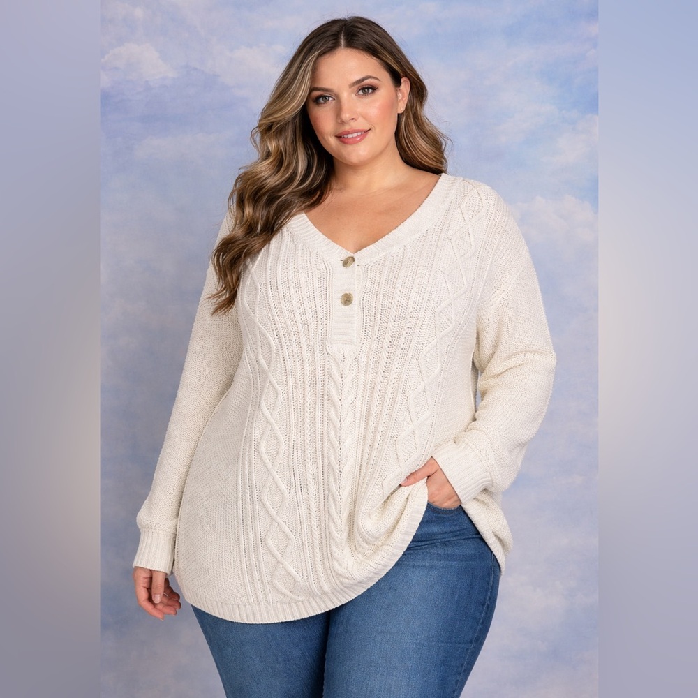Eddie Bauer Cream V-neck Cable Knit Sweater 2X